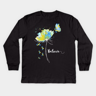 Womens Believe Flower-Butterfly Down Syndrome Kids Long Sleeve T-Shirt